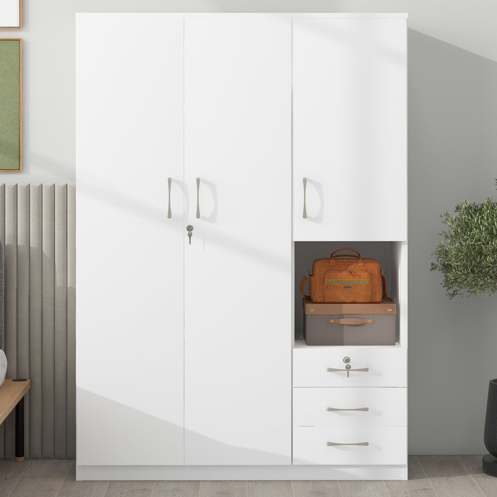 2-Doors Wooden Wardrobe Storage for Bedroom, with Shelves and 3 Drawers, White