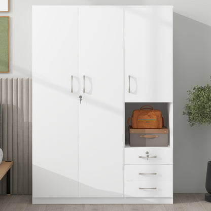 2-Doors Wooden Wardrobe Storage for Bedroom, with Shelves and 3 Drawers, White
