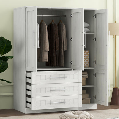 4 Door Wardrobe Armoire Closet with 3 Drawers, White