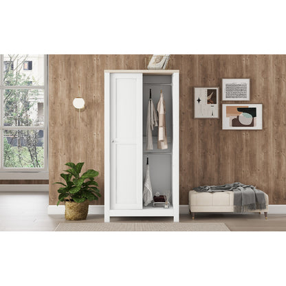 Bedroom Storage Wardrobe with Hanging Rods and 2 Drawers and Open Shelves,Sliding Door,White
