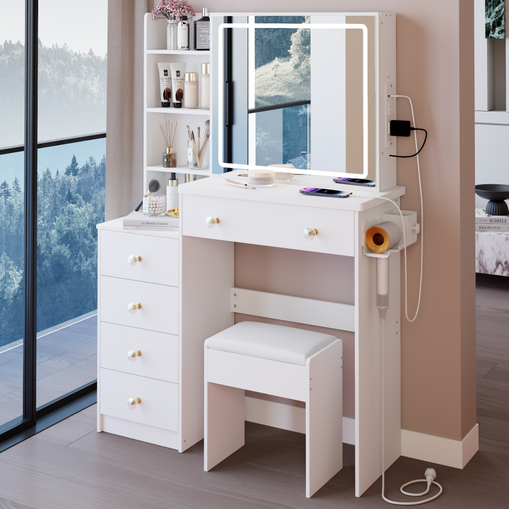 37" Middle Size Left Bedside Cabinet Vanity Table + Cushioned Stool Dresser Set, 2 AC+2 USB Socket, Hair Dryer Stand, Large Touch Control LED Sliding Mirror, 3-color Switch, EPA, GCC, UL Certificate