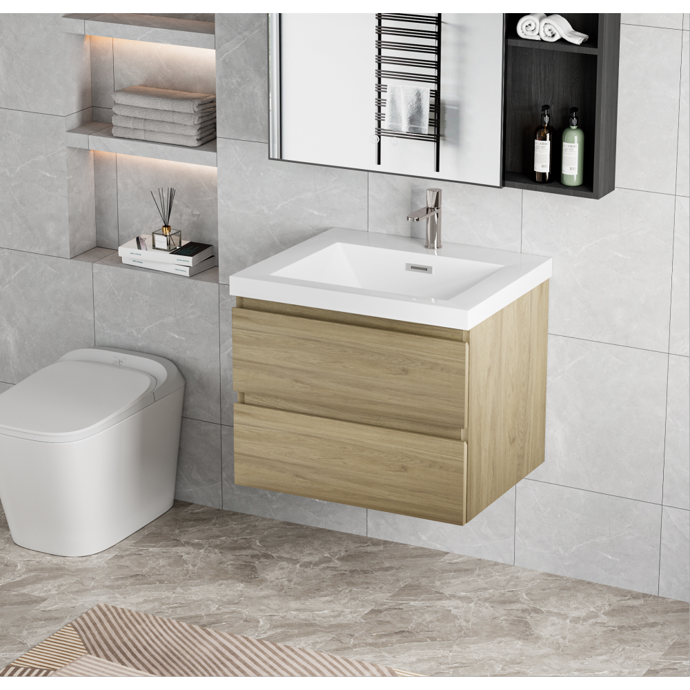 30" Floating Bathroom Vanity with Sink, Modern Wall-Mounted Bathroom Storage Vanity Cabinet with Resin Top Basin and Soft Close Drawers, Natural Oak 24V11-30NO