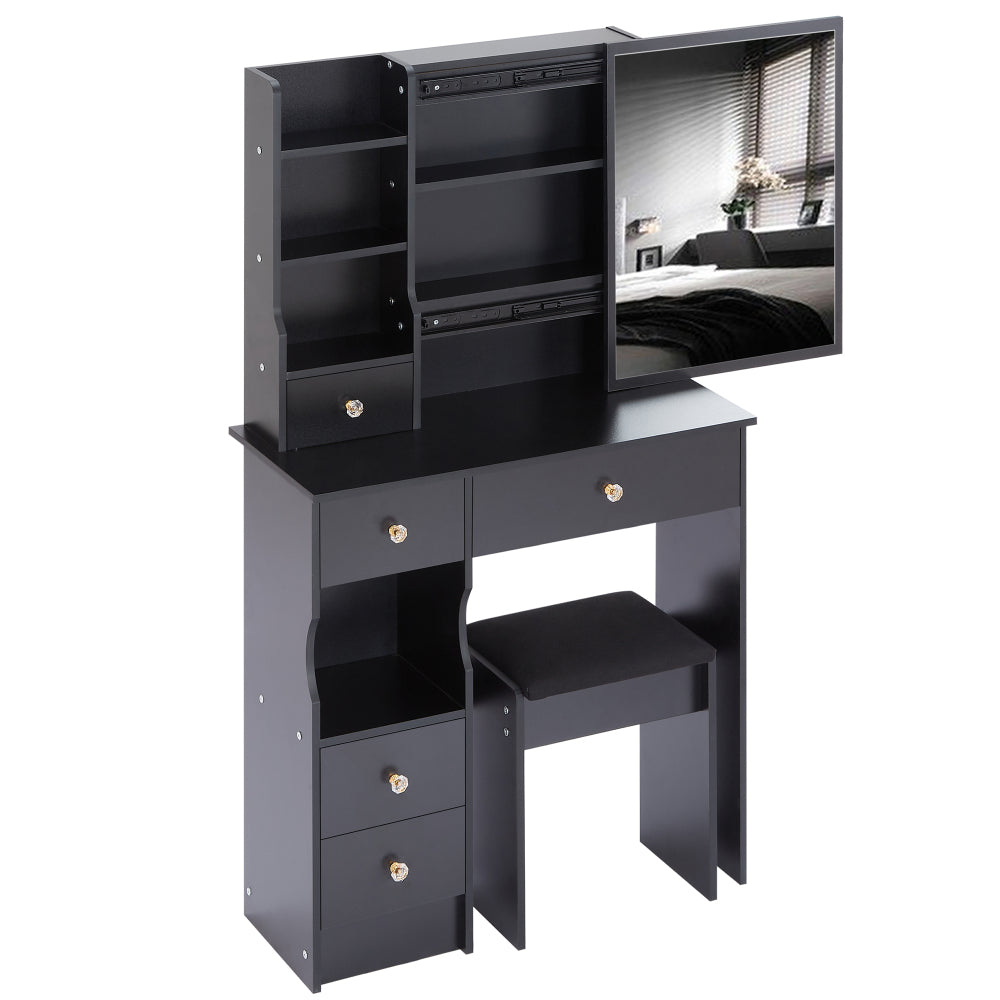 Small Size Left Drawer Desktop Vanity Table + Cushioned Stool, Extra Large Sliding Mirror, Multi Layer, High Capacity Storage Fashionable Dresser, Suitable for Small Space, EPA,GCC,UL Certificate
