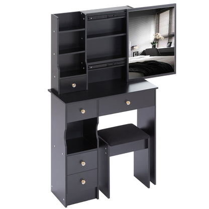 Small Size Left Drawer Desktop Vanity Table + Cushioned Stool, Extra Large Sliding Mirror, Multi Layer, High Capacity Storage Fashionable Dresser, Suitable for Small Space, EPA,GCC,UL Certificate