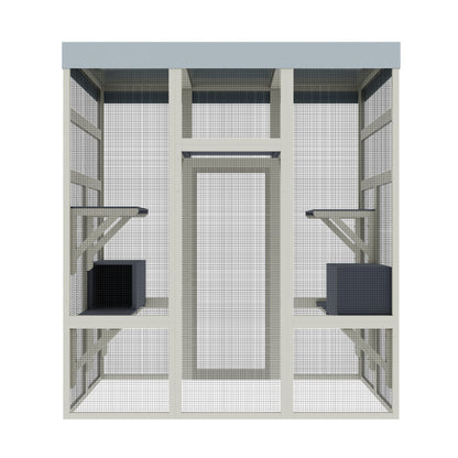 62.6" Gray Wooden Catio Outdoor Pet Enclosure with Waterproof Top, Spacious and Secure Cat House & Small Animal Cage, Black Rust-proof Metal Wire