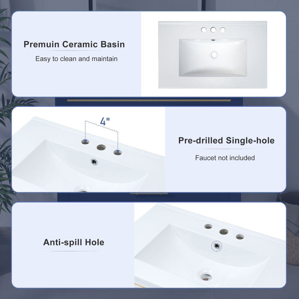 [Viedo]Modern 30inch Navy Blue/White Bathroom Vanity Cabinet Combo with Open
Storge, Two Drawers