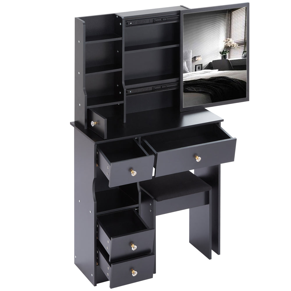 Small Size Left Drawer Desktop Vanity Table + Cushioned Stool, Extra Large Sliding Mirror, Multi Layer, High Capacity Storage Fashionable Dresser, Suitable for Small Space, EPA,GCC,UL Certificate