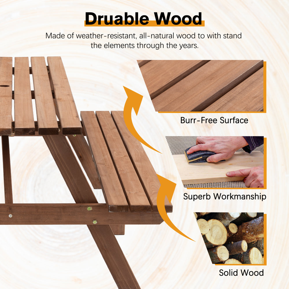 8 Person Brown Wooden Picnic Table, Outdoor Camping Dining Table with 2 Seats, Garden, DIY with 2 Built-in Benches, 2220lb Capacity