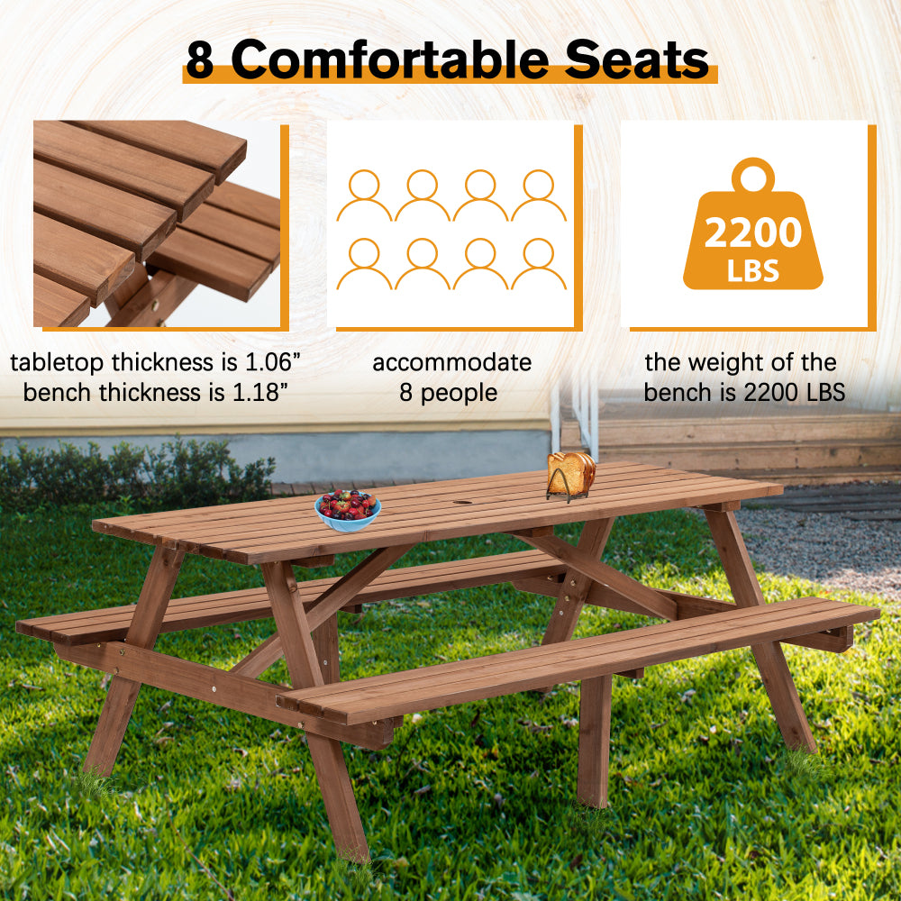8 Person Brown Wooden Picnic Table, Outdoor Camping Dining Table with 2 Seats, Garden, DIY with 2 Built-in Benches, 2220lb Capacity