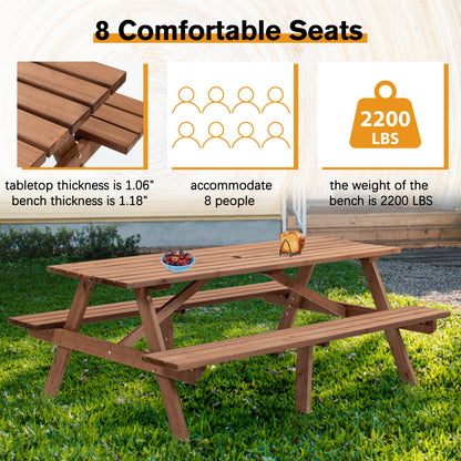 8 Person Brown Wooden Picnic Table, Outdoor Camping Dining Table with 2 Seats, Garden, DIY with 2 Built-in Benches, 2220lb Capacity