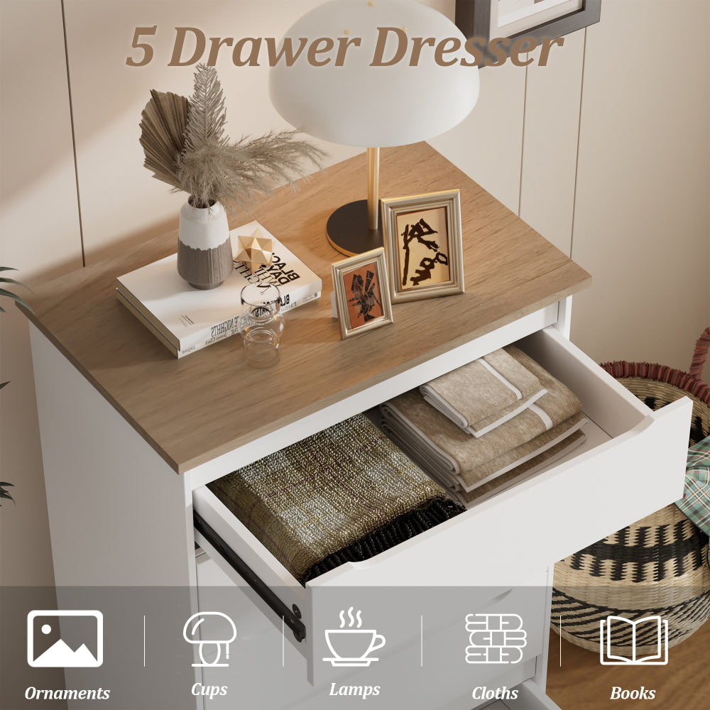 Modern 5 Drawers Dresser for Bedroom, 43.7" Tall Dressers & Chests of Drawers Hidden handle Design for Bedroom, Living Room, (White +Brown)