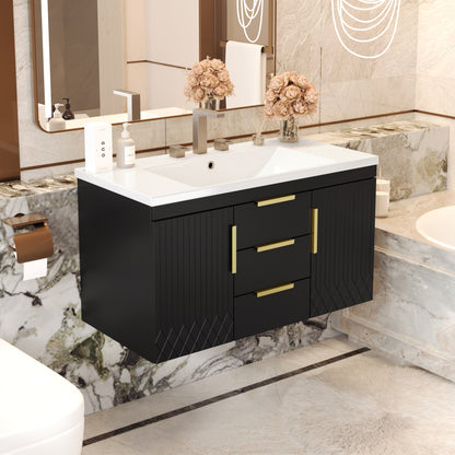 36'' Wall Mounted Bathroom Vanity with Resin Sink, Floating Bathroom Storage Cabinet with 2 Drawers, Solid Wood Bathroom Cabinet