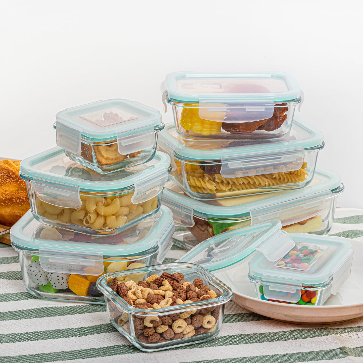 8-Piece glass food storage container, meal preparation, sealed bento box with leak-proof lock lid, suitable for microwave ovens, lunch boxes, ovens, refrigerators and dishwashers, free of BPA