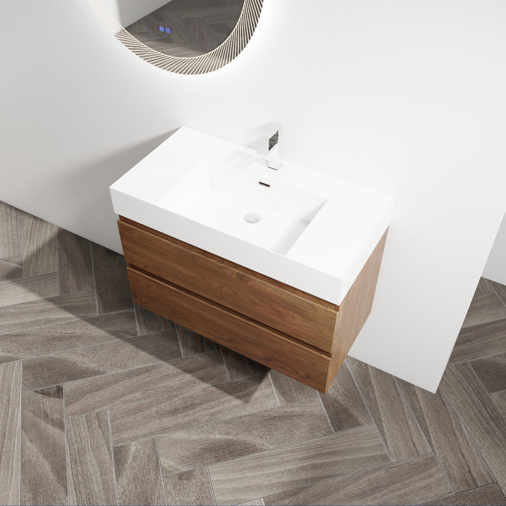 36" Wall-Mounted Bathroom Vanity With Resin Sink, 2-Soft Close Drawers, KD-Package