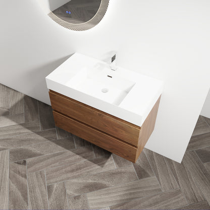 36" Wall-Mounted Bathroom Vanity With Resin Sink, 2-Soft Close Drawers, KD-Package