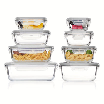 8-Piece glass food storage container, meal preparation, sealed bento box with leak-proof lock lid, suitable for microwave ovens, lunch boxes, ovens, refrigerators and dishwashers, free of BPA