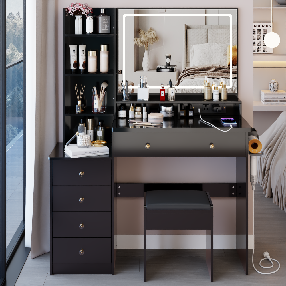 41" Large Size Left Bedside Cabinet Vanity Table+Cushioned Stool Dresser Set, 2 AC+2 USB Power Station, Hair Dryer Stand, Extra Large Touch Control LED Mirror, 3-color Switch, EPA, GCC, UL Certificate