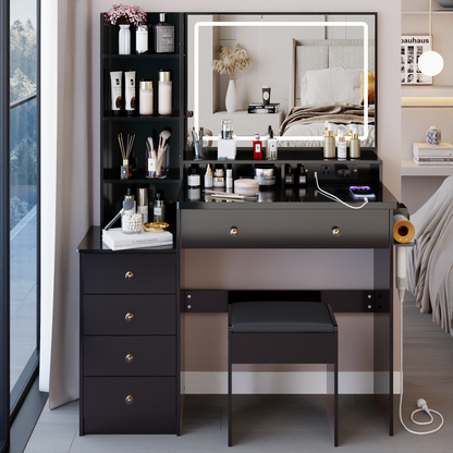41" Large Size Left Bedside Cabinet Vanity Table+Cushioned Stool Dresser Set, 2 AC+2 USB Power Station, Hair Dryer Stand, Extra Large Touch Control LED Mirror, 3-color Switch, EPA, GCC, UL Certificate