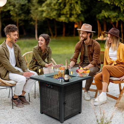 Outdoor Fire Pit 50,000 BTU Propane Gas Fire Table with Lid Fireplace with Glass Wind Guard Wicker Base for Garden, Patio, Backyard, 44"