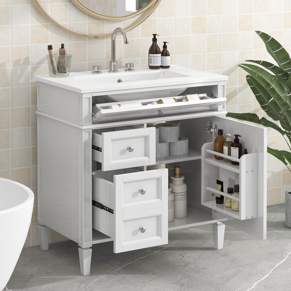 30'' Bathroom Vanity with Top Sink, Modern Bathroom Storage Cabinet with 2 Drawers and a Tip-out Drawer,  Freestanding Vanity Set with Mirror Cabinet, Single Sink Bathroom Vanity