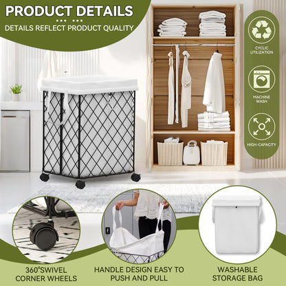 Laundry Basket with Wheels, Rolling Laundry Hamper, Detachable and washable lining, metal frame, suitable for bedrooms, bathrooms, laundry rooms, white